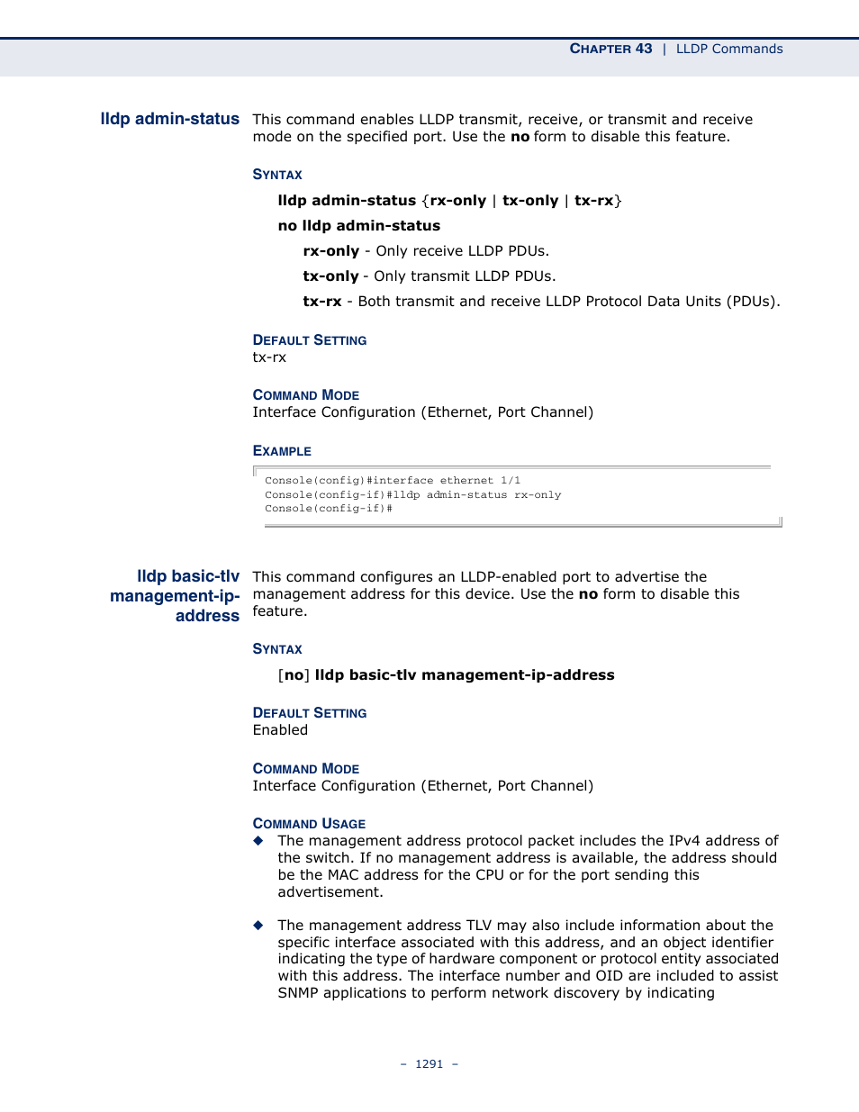 Lldp admin-status, Lldp basic-tlv management-ip- address, Lldp basic-tlv management-ip-address | Lldp basic-tlv, Management-ip, Address | LevelOne GTL-2691 User Manual | Page 1291 / 1644