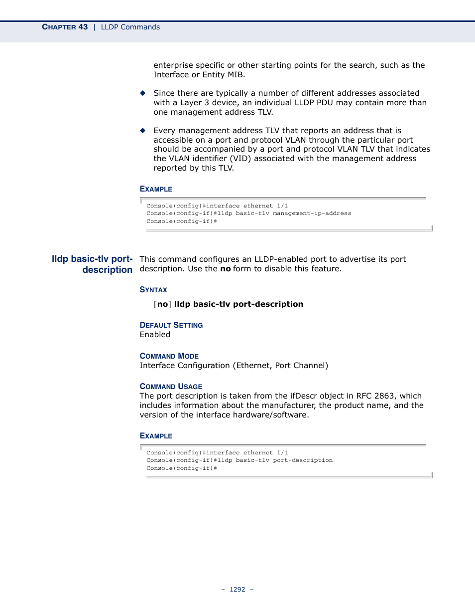 Lldp basic-tlv port- description, Lldp basic-tlv port-description, Lldp basic-tlv port | Description | LevelOne GTL-2691 User Manual | Page 1292 / 1644