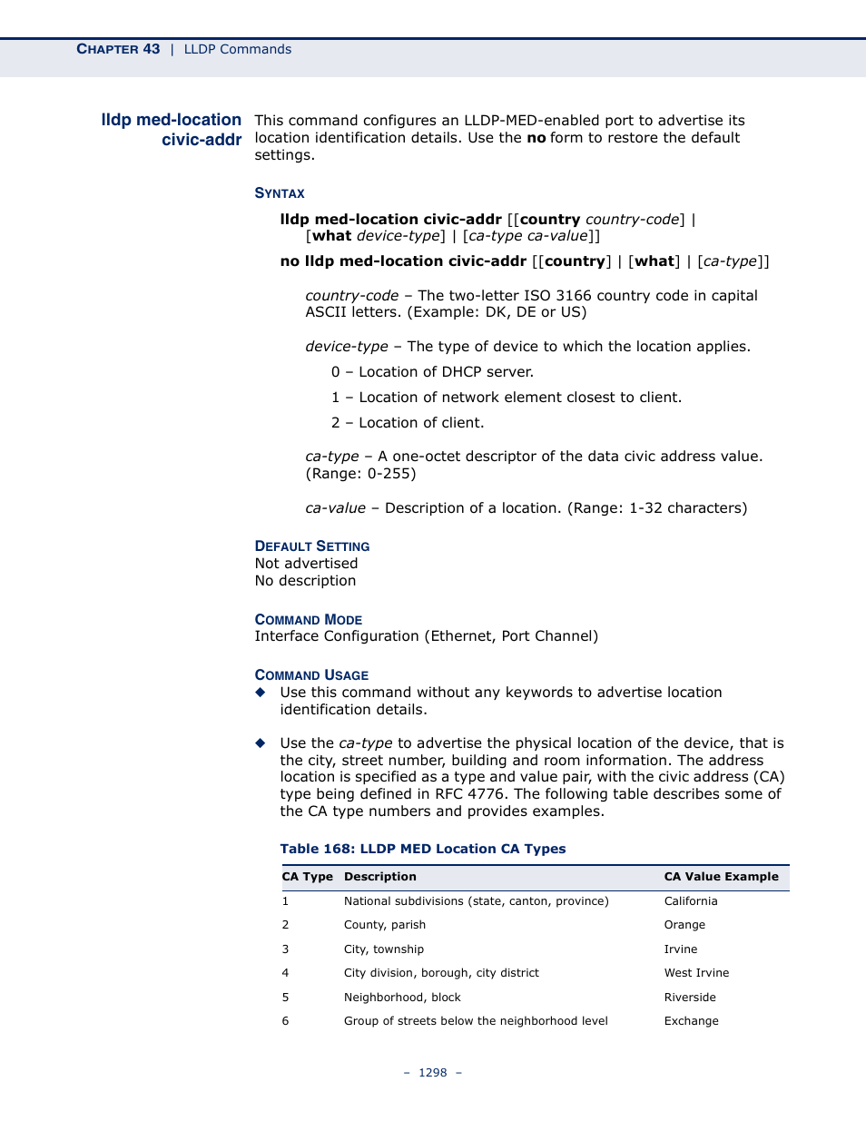 Lldp med-location civic-addr, Table 168: lldp med location ca types, Lldp med-location civic | Addr | LevelOne GTL-2691 User Manual | Page 1298 / 1644