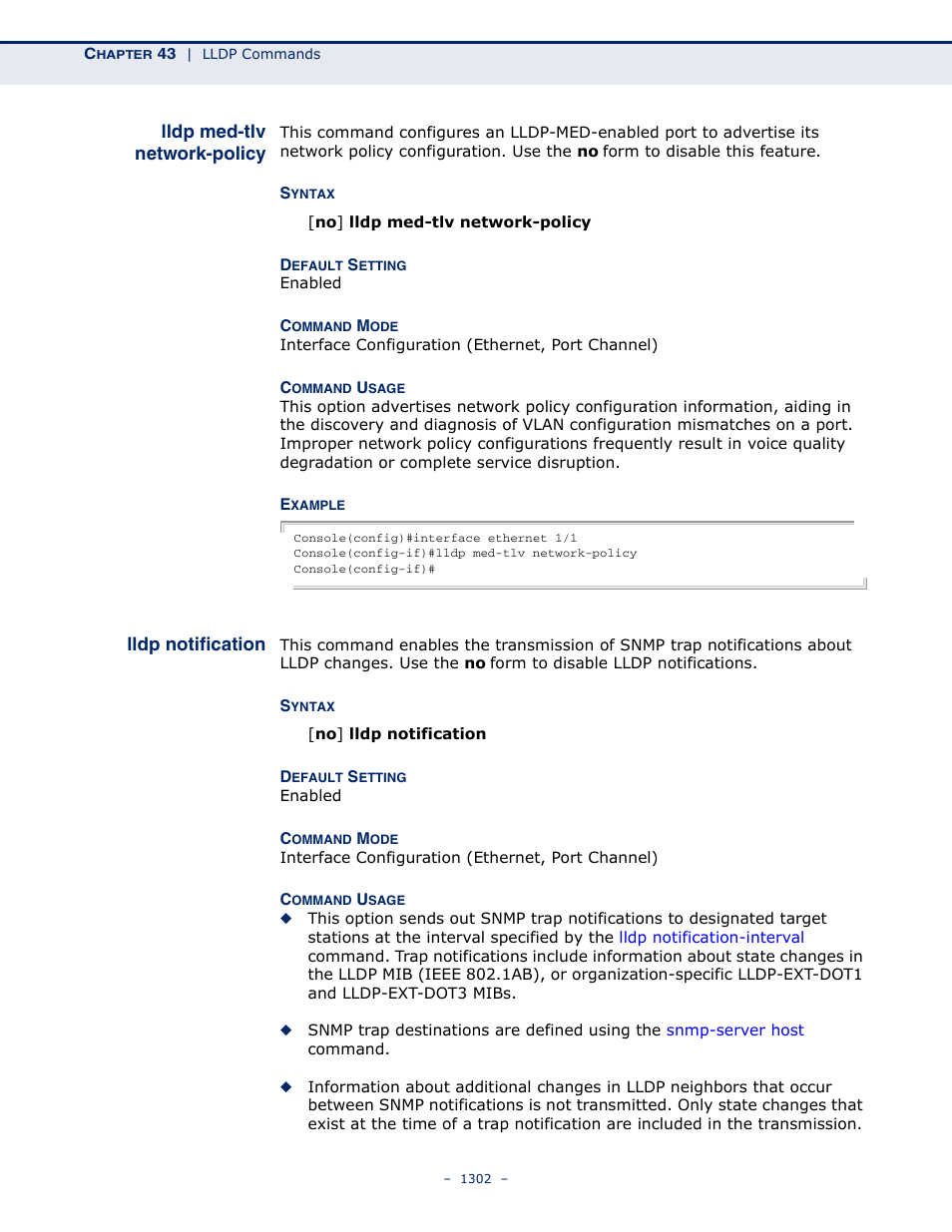 Lldp med-tlv network-policy, Lldp notification, Lldp med-tlv network | Policy | LevelOne GTL-2691 User Manual | Page 1302 / 1644