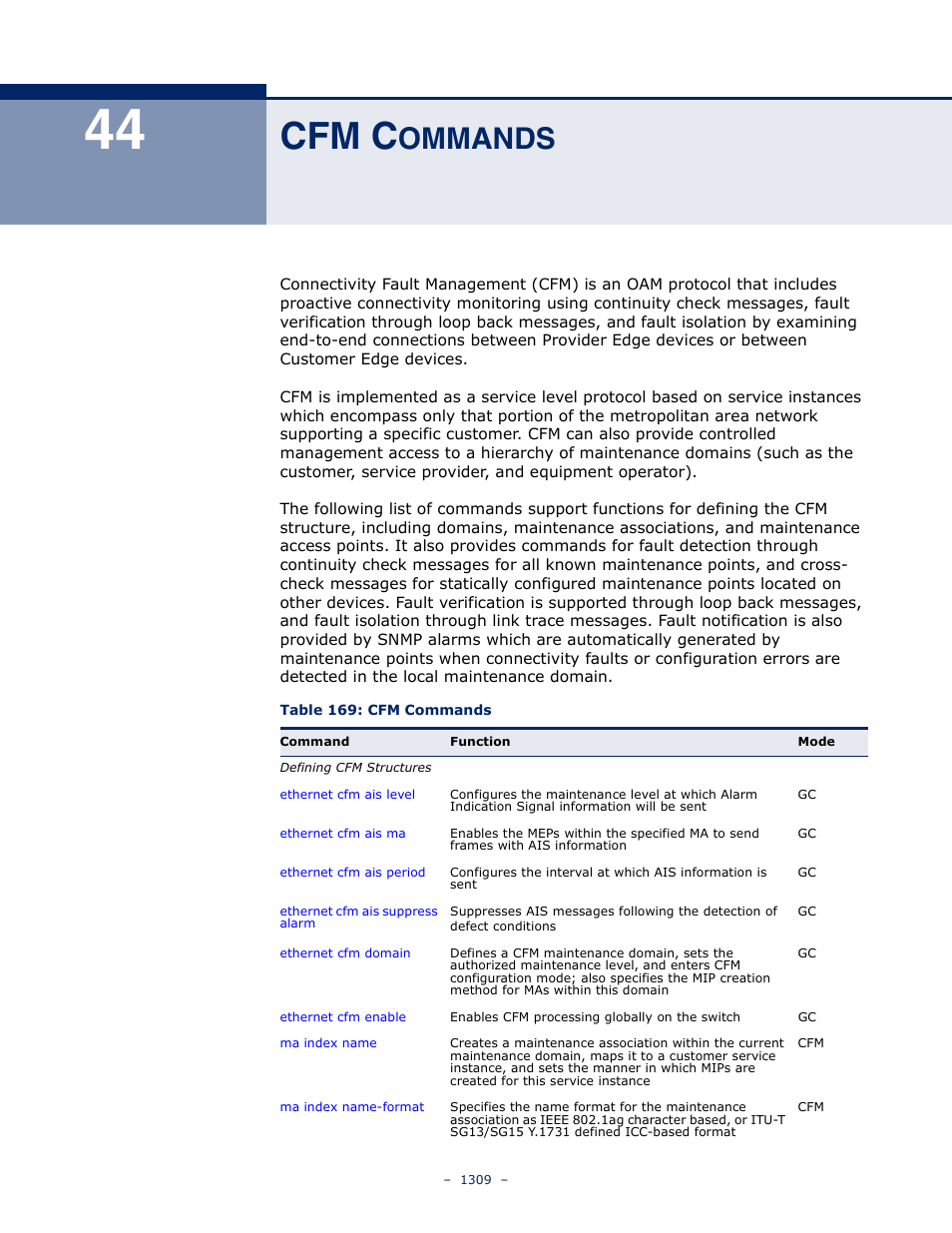 Cfm commands, 44 cfm c, Ommands | Table 169: cfm commands, Cfm c | LevelOne GTL-2691 User Manual | Page 1309 / 1644