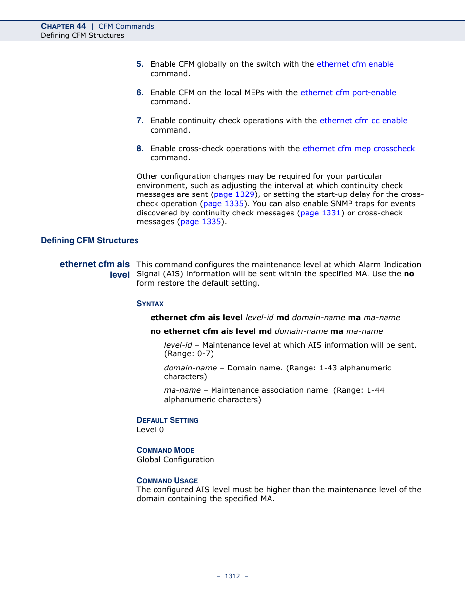 Defining cfm structures, Ethernet cfm ais level | LevelOne GTL-2691 User Manual | Page 1312 / 1644