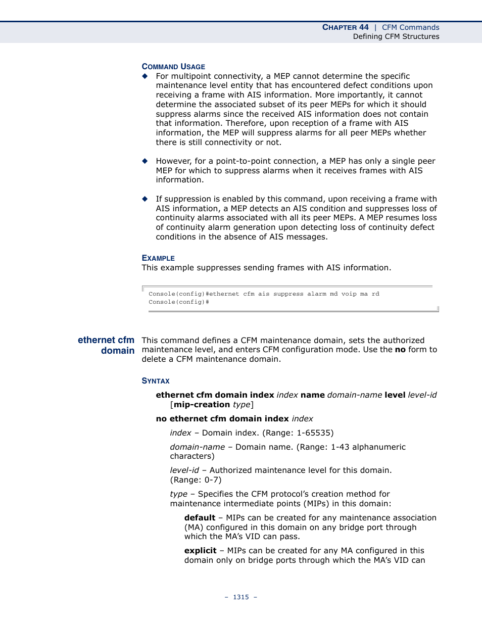 Ethernet cfm domain, Ethernet cfm domain (1315) | LevelOne GTL-2691 User Manual | Page 1315 / 1644