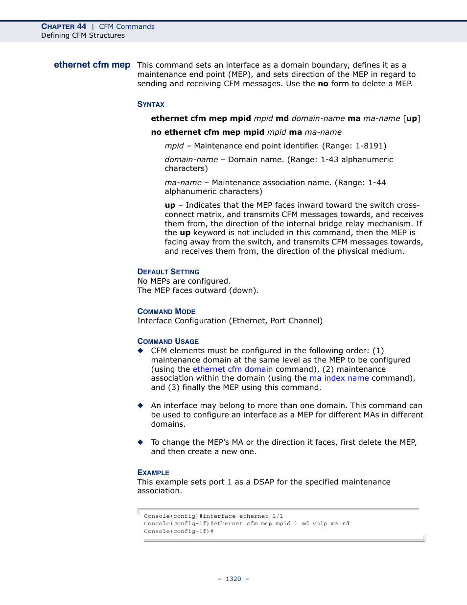 Ethernet cfm mep, Ethernet cfm mep (1320) | LevelOne GTL-2691 User Manual | Page 1320 / 1644