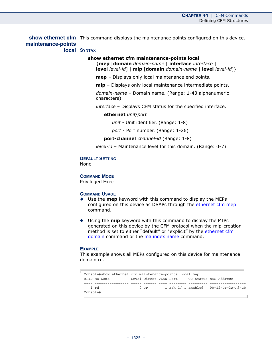 Show ethernet cfm maintenance-points local, Show ethernet cfm, Maintenance-points local | LevelOne GTL-2691 User Manual | Page 1325 / 1644