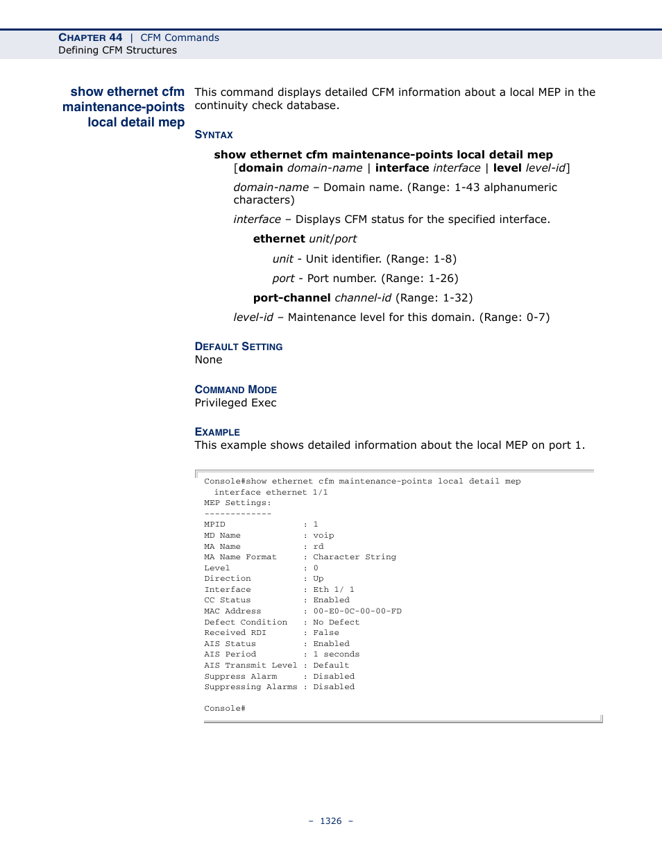 Show ethernet cfm, Maintenance-points local, Detail mep | LevelOne GTL-2691 User Manual | Page 1326 / 1644