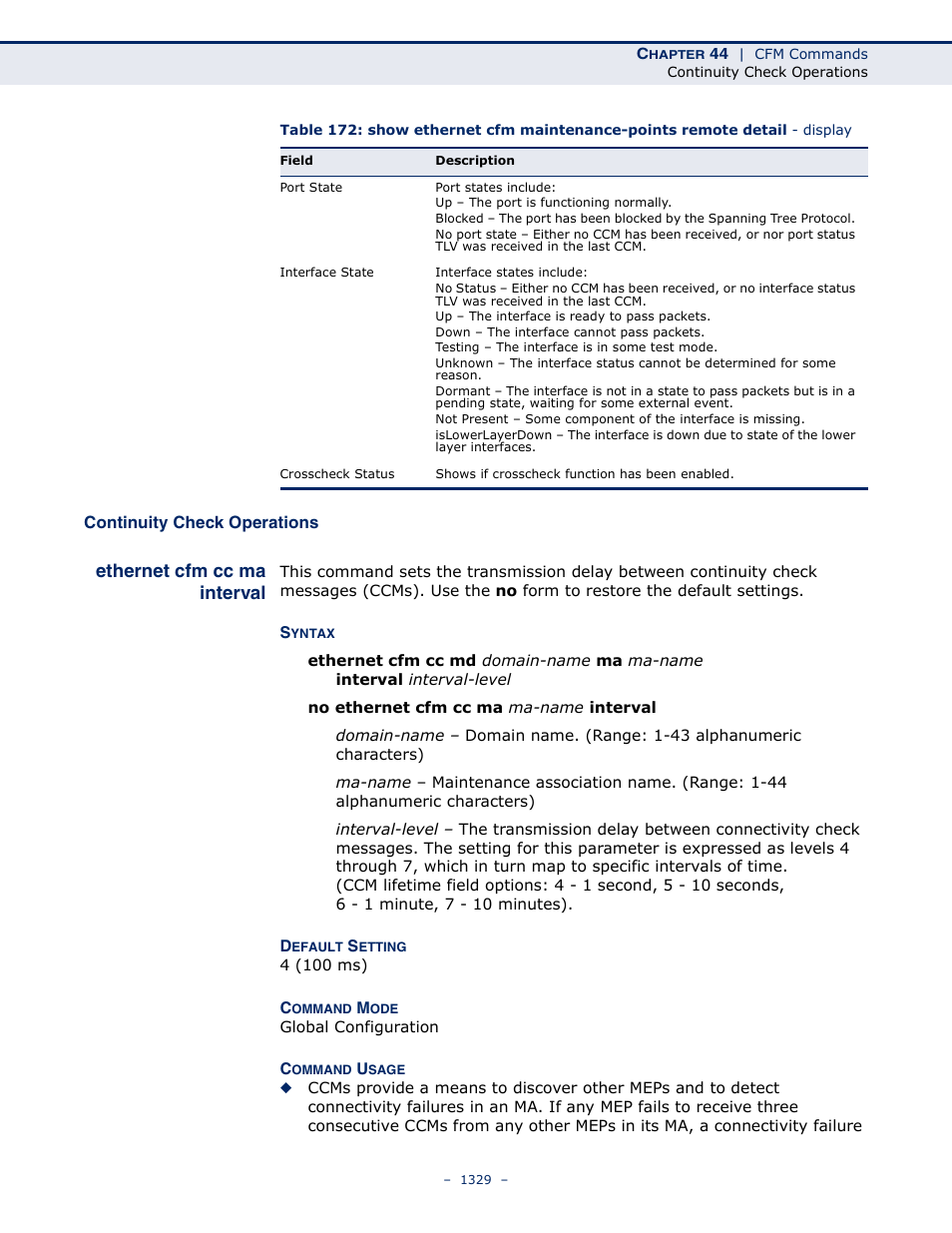 Continuity check operations, Ethernet cfm cc ma interval, Ethernet cfm cc ma | Interval | LevelOne GTL-2691 User Manual | Page 1329 / 1644