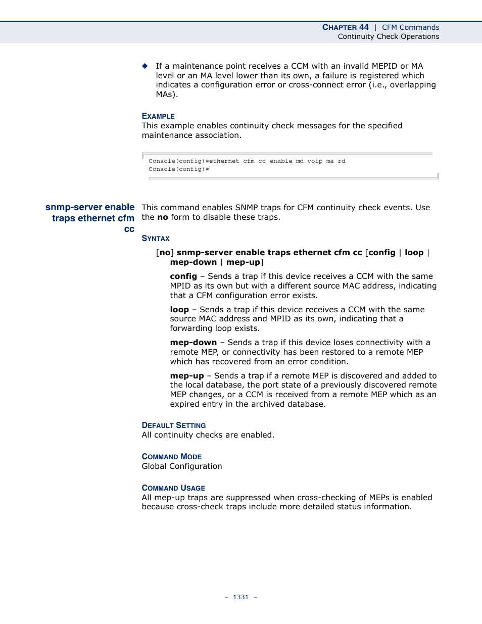 Snmp-server enable traps ethernet cfm cc, Snmp-server enable traps, Ethernet cfm cc | LevelOne GTL-2691 User Manual | Page 1331 / 1644