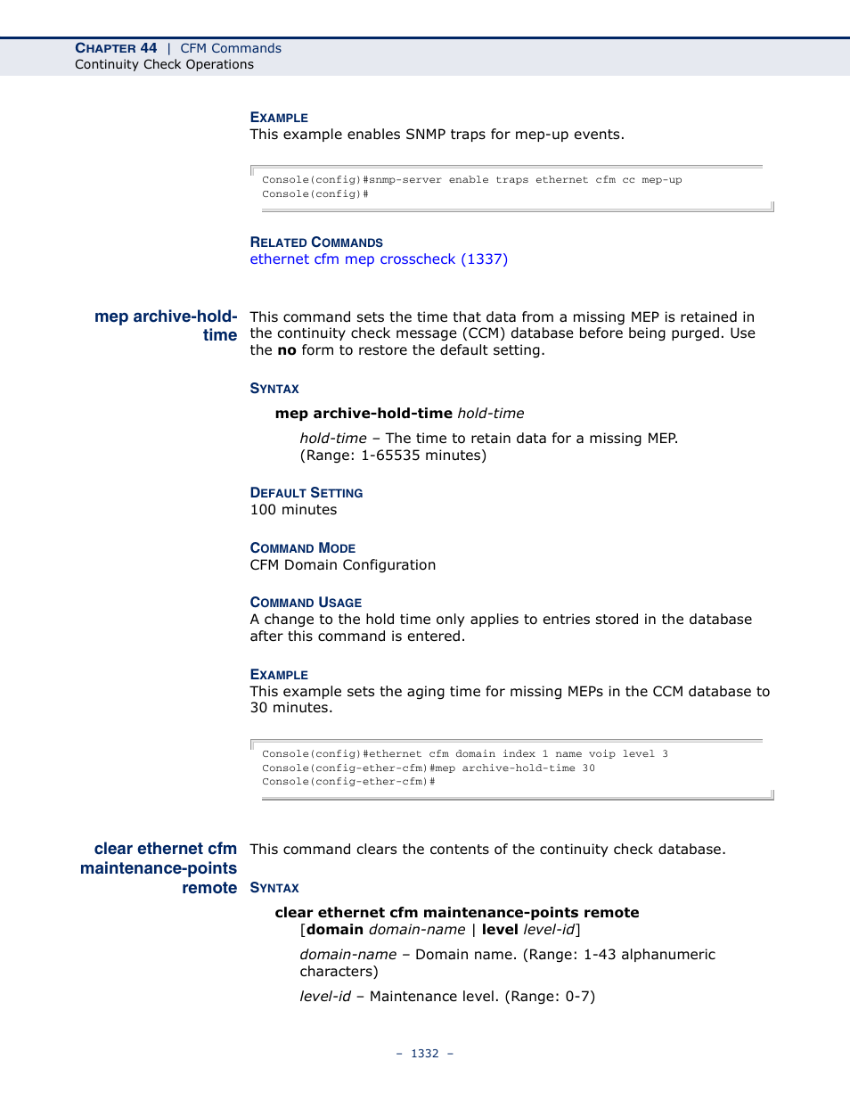 Mep archive-hold- time, Clear ethernet cfm maintenance-points remote, Mep archive-hold-time | Clear ethernet cfm, Maintenance-points, Remote | LevelOne GTL-2691 User Manual | Page 1332 / 1644