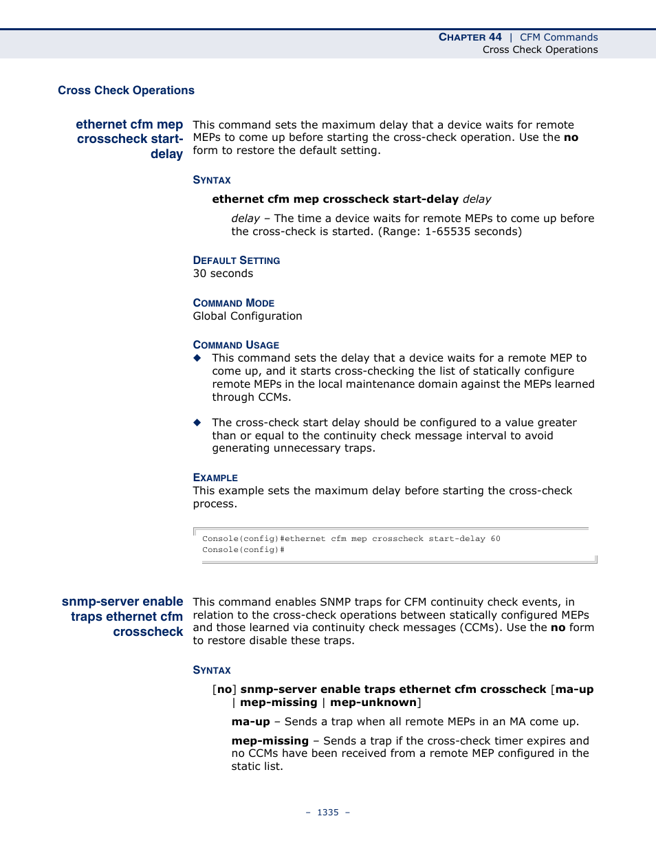 Cross check operations, Ethernet cfm mep crosscheck start- delay, Snmp-server enable traps ethernet cfm crosscheck | Ethernet cfm mep crosscheck start-delay, Snmp-server enable traps, Ethernet cfm crosscheck, Ethernet cfm mep, Crosscheck start-delay | LevelOne GTL-2691 User Manual | Page 1335 / 1644