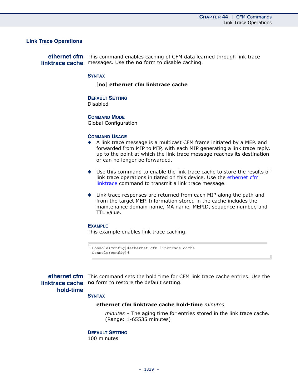 Link trace operations, Ethernet cfm linktrace cache, Ethernet cfm linktrace cache hold-time | Ethernet cfm linktrace, Cache, Cache hold-time | LevelOne GTL-2691 User Manual | Page 1339 / 1644