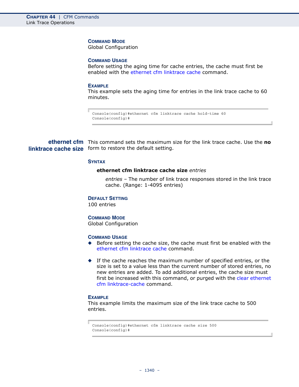 Ethernet cfm linktrace cache size, Ethernet cfm linktrace, Cache size | LevelOne GTL-2691 User Manual | Page 1340 / 1644