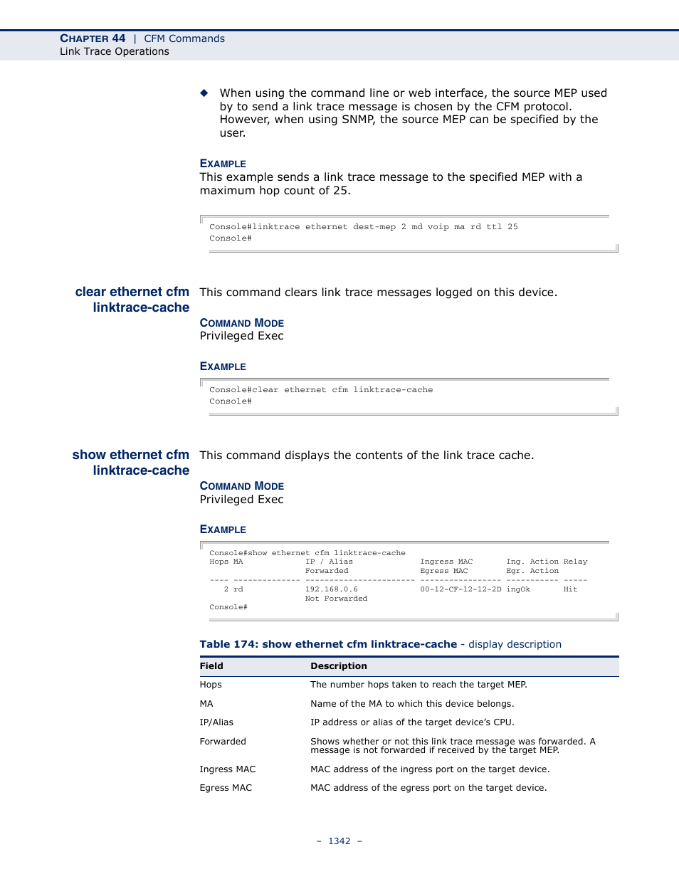 Clear ethernet cfm linktrace-cache, Show ethernet cfm linktrace-cache, Clear ethernet cfm | Linktrace-cache, Show ethernet cfm, Clear ethernet, Cfm linktrace-cache | LevelOne GTL-2691 User Manual | Page 1342 / 1644