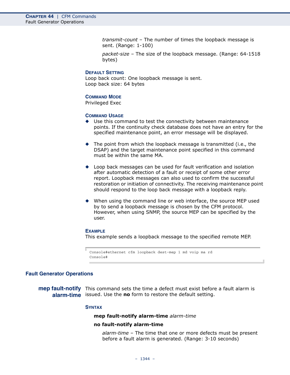 Fault generator operations, Mep fault-notify alarm-time, Mep fault-notify alarm | Time | LevelOne GTL-2691 User Manual | Page 1344 / 1644