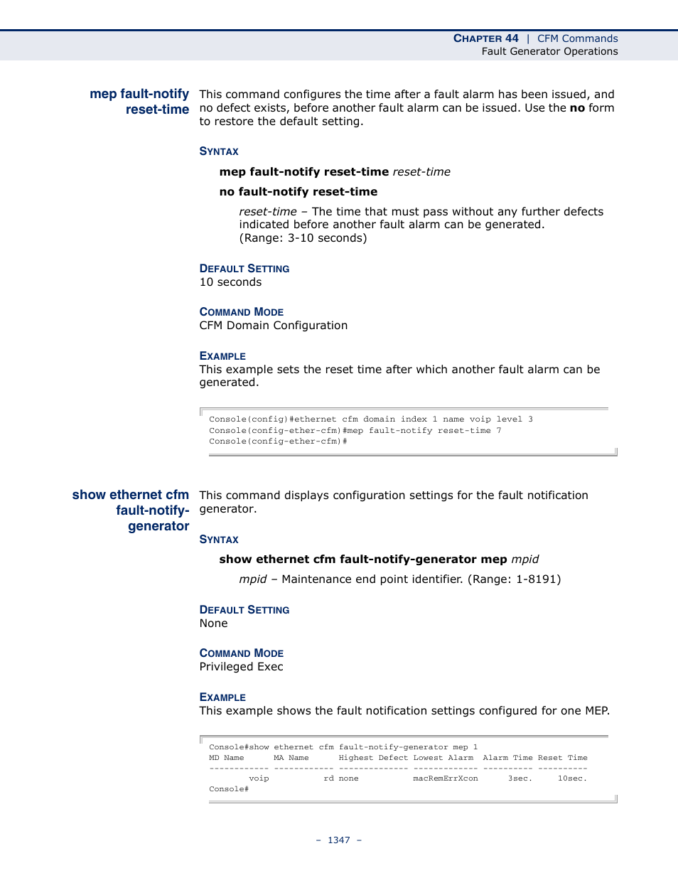 Mep fault-notify reset-time, Show ethernet cfm fault-notify- generator, Show ethernet cfm fault-notify-generator | Mep fault-notify reset, Time, Show ethernet cfm fault, Notify-generator | LevelOne GTL-2691 User Manual | Page 1347 / 1644
