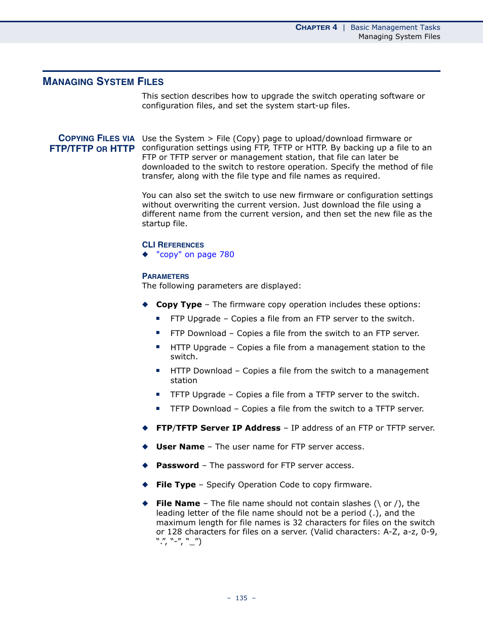 Managing system files, Copying files via ftp/tftp or http, Managing | LevelOne GTL-2691 User Manual | Page 135 / 1644