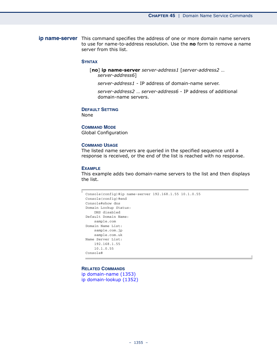 Ip name-server, Ip name-server (1355) | LevelOne GTL-2691 User Manual | Page 1355 / 1644