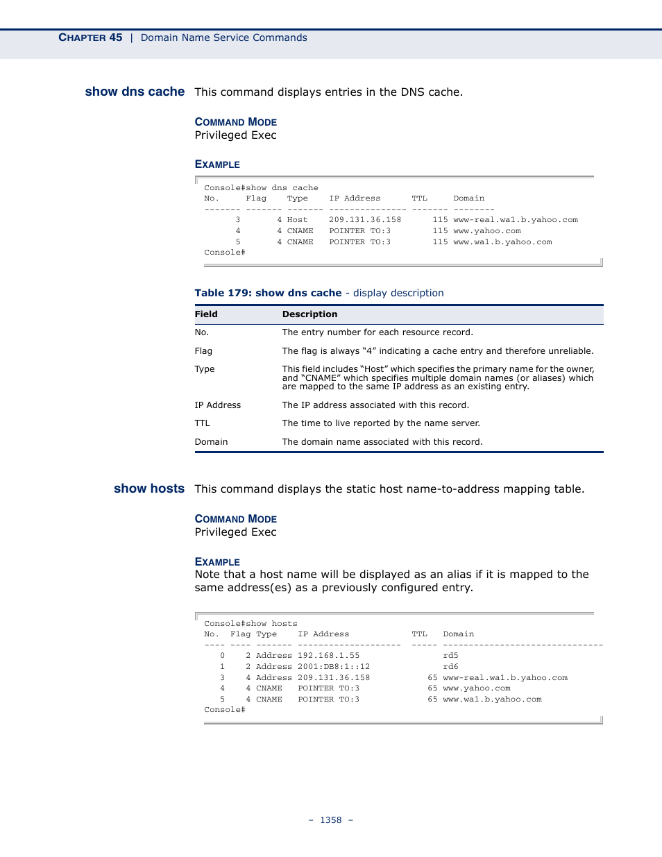 Show dns cache, Show hosts, Table 179: show dns cache - display description | LevelOne GTL-2691 User Manual | Page 1358 / 1644