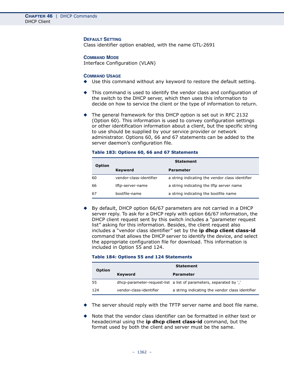 Table 183: options 60, 66 and 67 statements, Table 184: options 55 and 124 statements | LevelOne GTL-2691 User Manual | Page 1362 / 1644