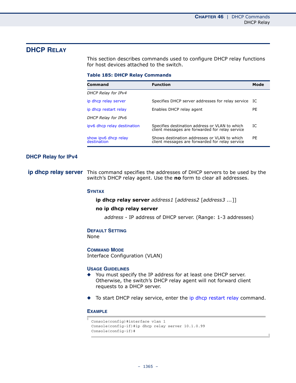 Dhcp relay, Dhcp relay for ipv4, Ip dhcp relay server | Table 185: dhcp relay commands, Dhcp r | LevelOne GTL-2691 User Manual | Page 1365 / 1644