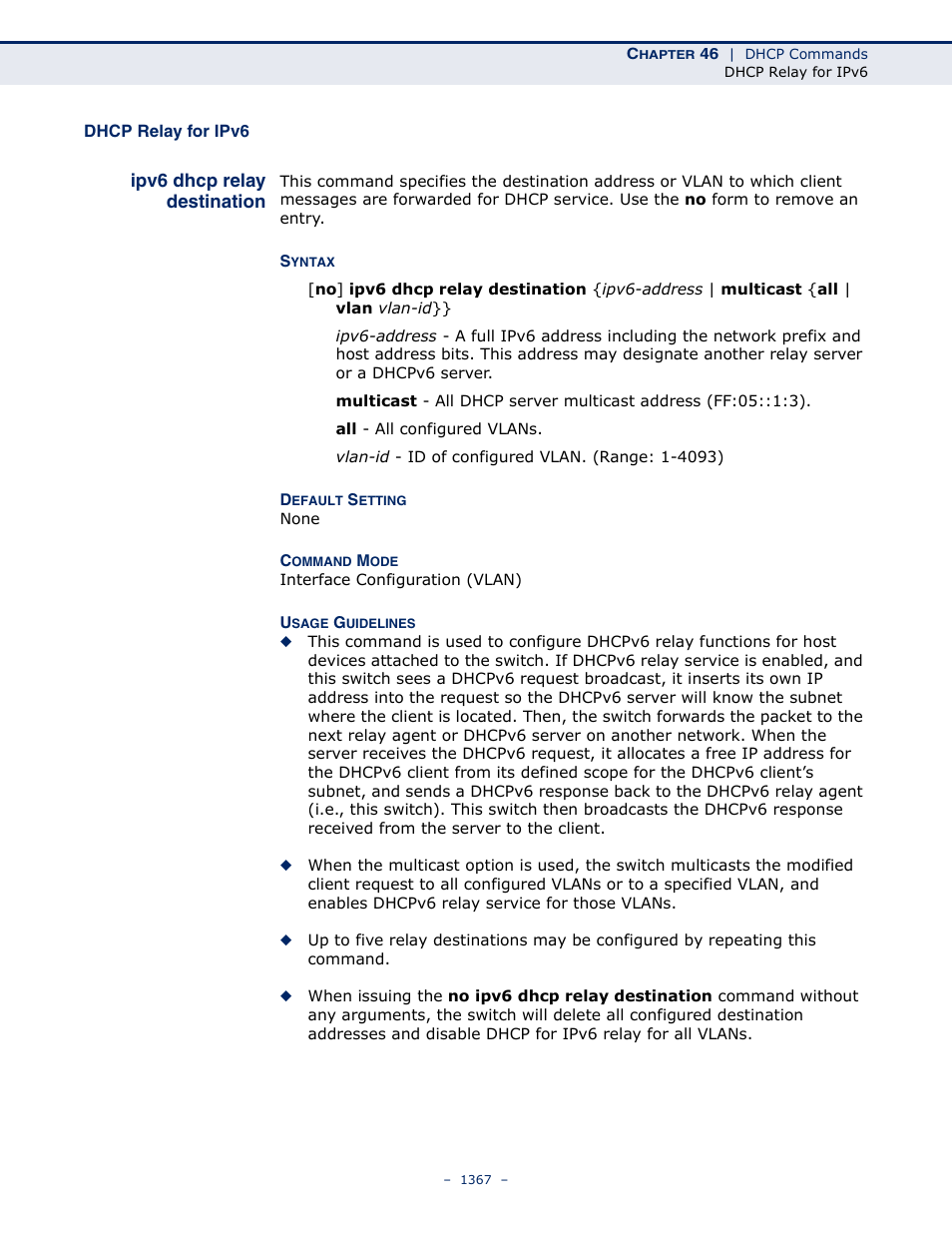 Dhcp relay for ipv6, Ipv6 dhcp relay destination | LevelOne GTL-2691 User Manual | Page 1367 / 1644