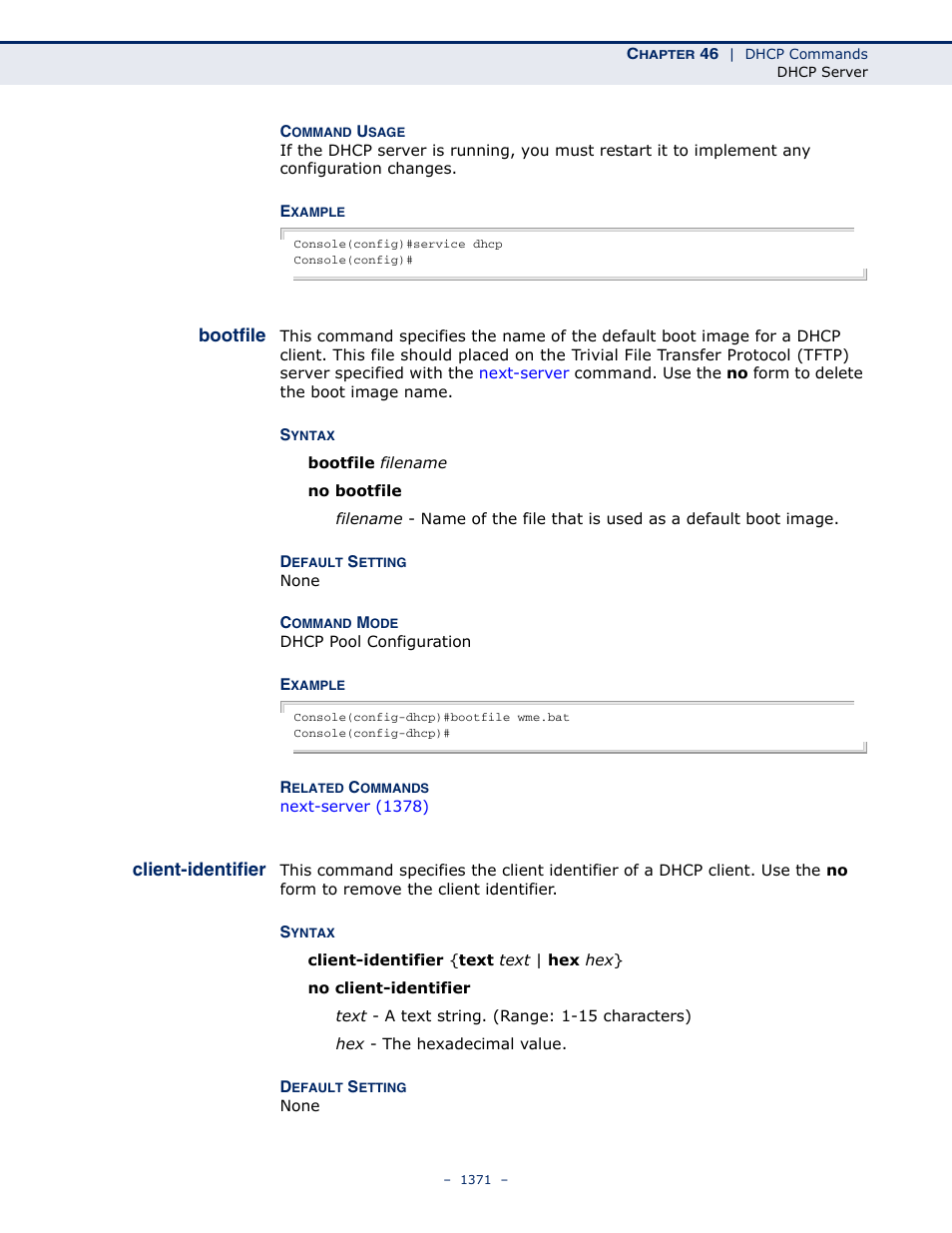 Bootfile, Client-identifier, Bootfile 1371 client-identifier 1371 | LevelOne GTL-2691 User Manual | Page 1371 / 1644