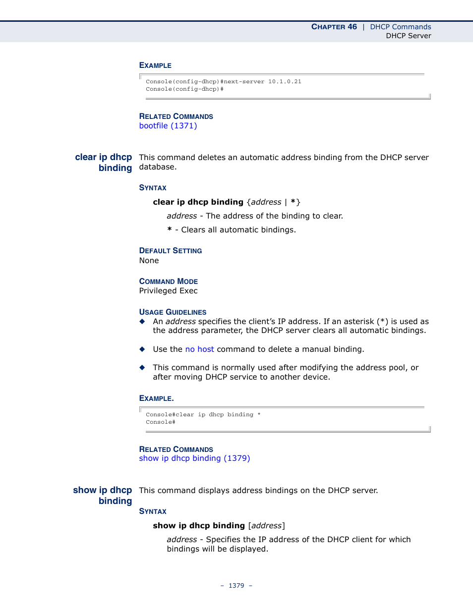 Clear ip dhcp binding, Show ip dhcp binding | LevelOne GTL-2691 User Manual | Page 1379 / 1644