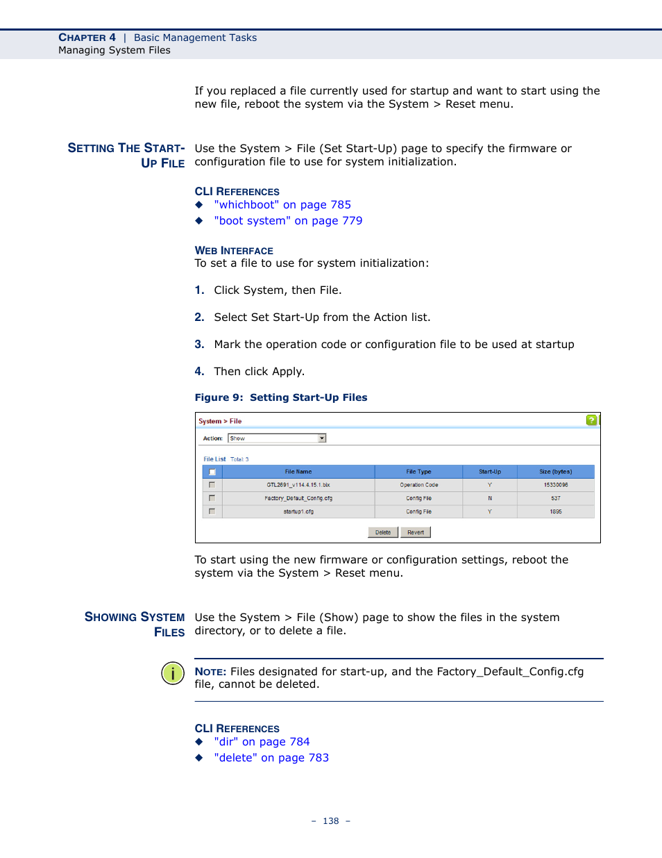 Setting the start- up file, Showing system files, Setting the start-up file | Figure 9: setting start-up files | LevelOne GTL-2691 User Manual | Page 138 / 1644