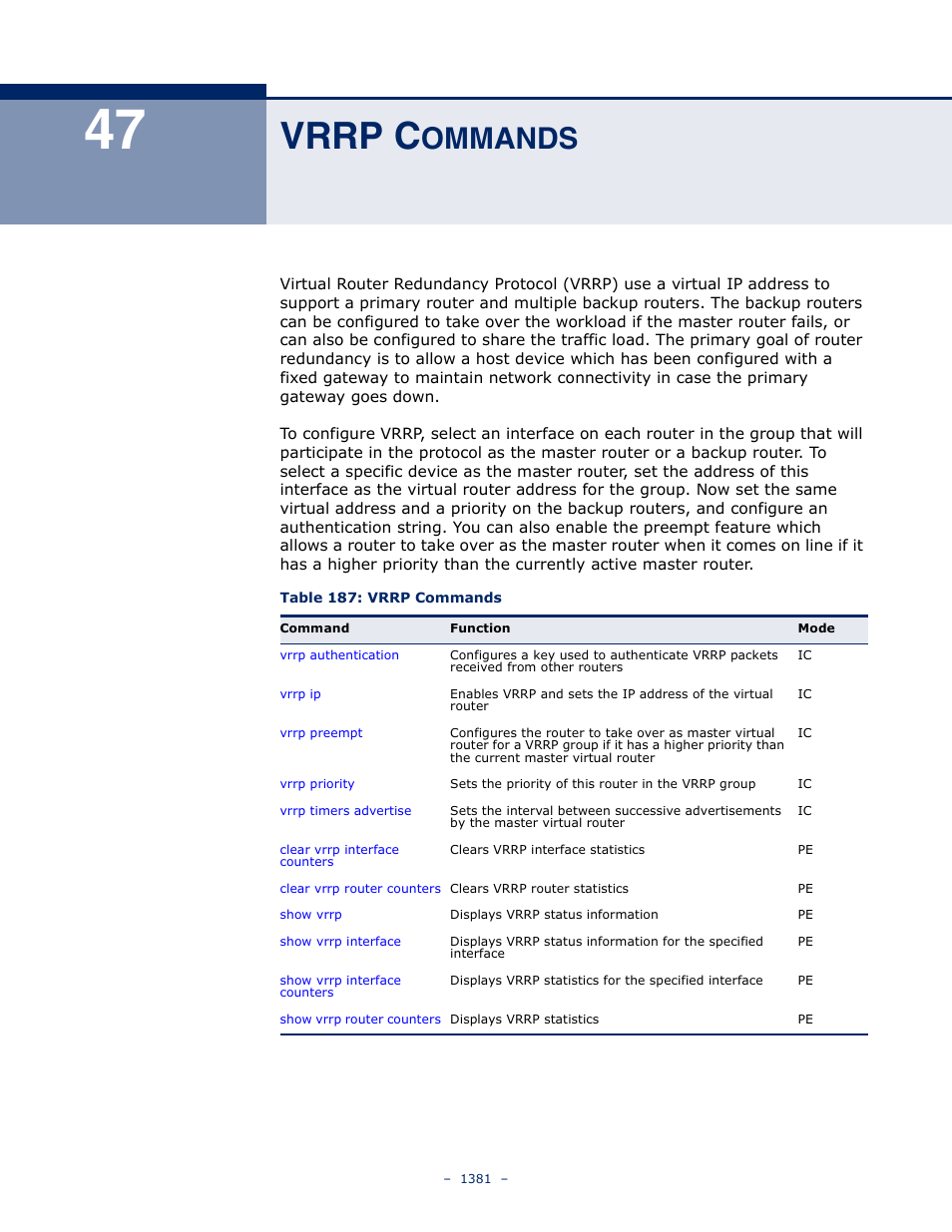 Vrrp commands, 47 vrrp c, Ommands | Table 187: vrrp commands, Vrrp c | LevelOne GTL-2691 User Manual | Page 1381 / 1644