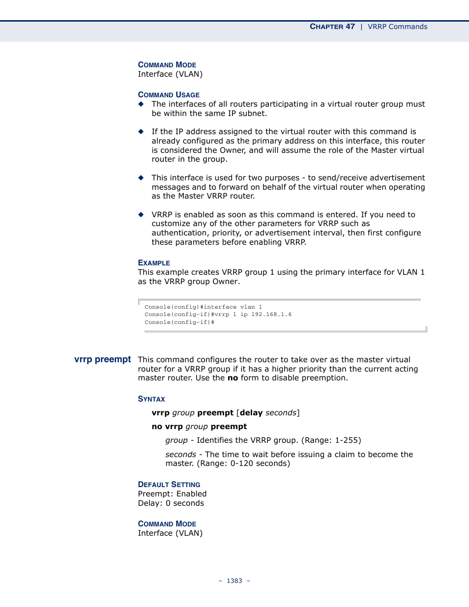 Vrrp preempt | LevelOne GTL-2691 User Manual | Page 1383 / 1644