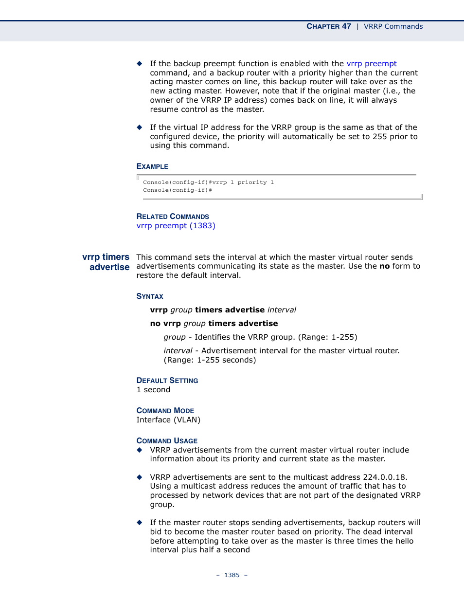 Vrrp timers advertise | LevelOne GTL-2691 User Manual | Page 1385 / 1644