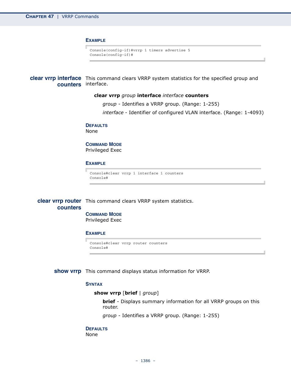 Clear vrrp interface counters, Clear vrrp router counters, Show vrrp | Clear vrrp interface, Counters | LevelOne GTL-2691 User Manual | Page 1386 / 1644