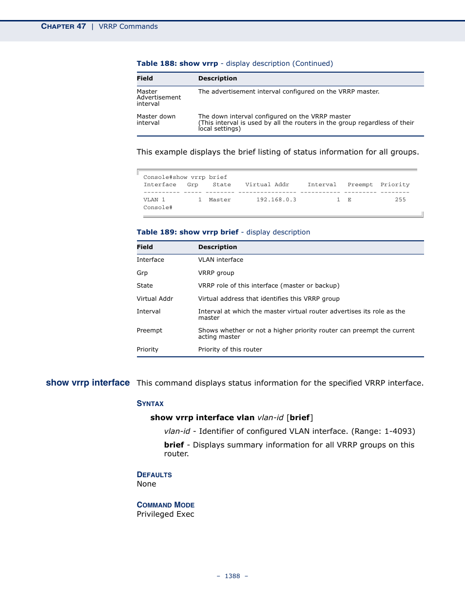 Show vrrp interface, Table 189: show vrrp brief - display description | LevelOne GTL-2691 User Manual | Page 1388 / 1644