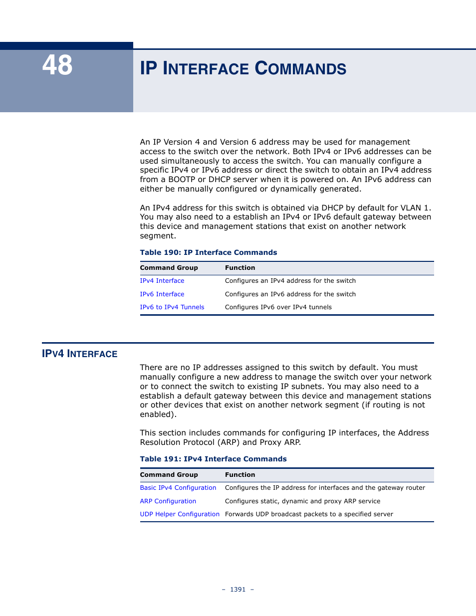 Ip interface commands, Ipv4 interface, 48 ip i | Nterface, Ommands, Table 190: ip interface commands, Table 191: ipv4 interface commands, Ip i | LevelOne GTL-2691 User Manual | Page 1391 / 1644