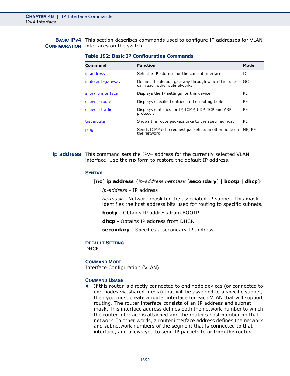 Basic ipv4 configuration, Ip address, Table 192: basic ip configuration commands | Address, Ip address (1392) | LevelOne GTL-2691 User Manual | Page 1392 / 1644