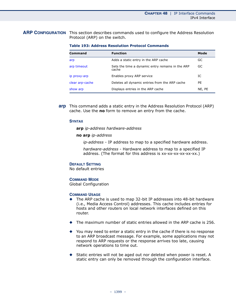 Arp configuration, Arp 1399, Table 193: address resolution protocol commands | Arp c | LevelOne GTL-2691 User Manual | Page 1399 / 1644