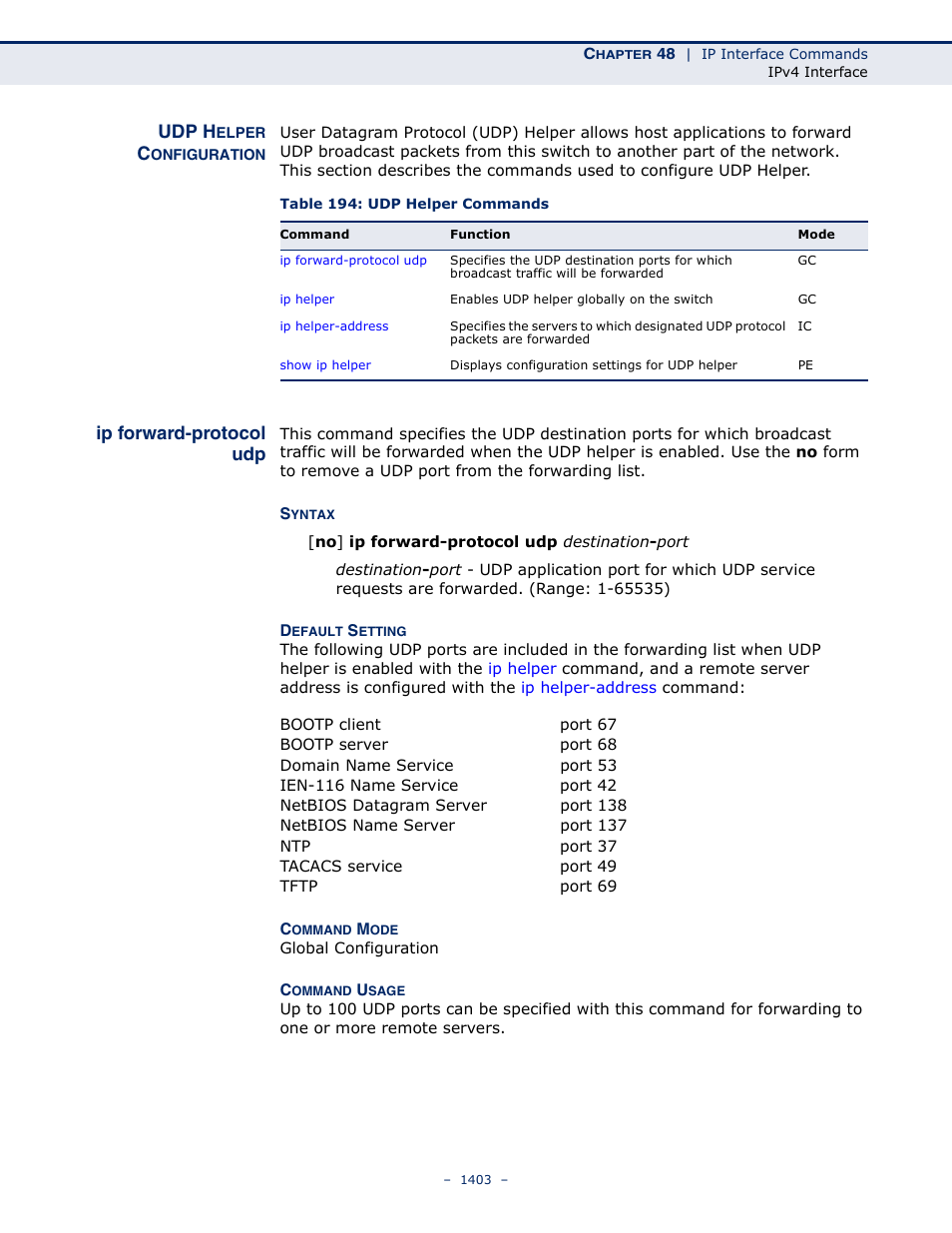 Udp helper configuration, Ip forward-protocol udp, Table 194: udp helper commands | Udp h | LevelOne GTL-2691 User Manual | Page 1403 / 1644