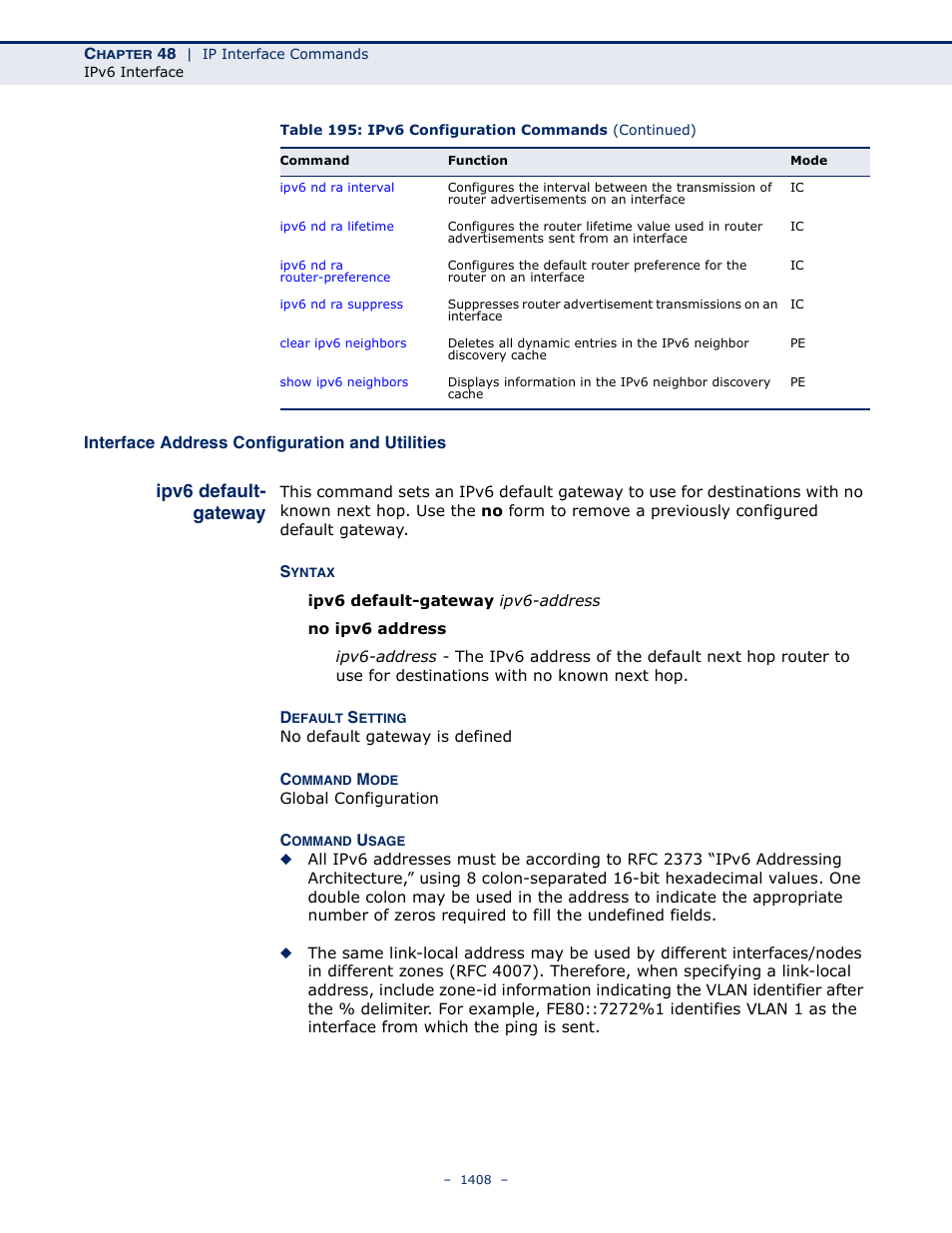 Interface address configuration and utilities, Ipv6 default- gateway, Ipv6 default-gateway | Ipv6 default-gateway (1408) | LevelOne GTL-2691 User Manual | Page 1408 / 1644