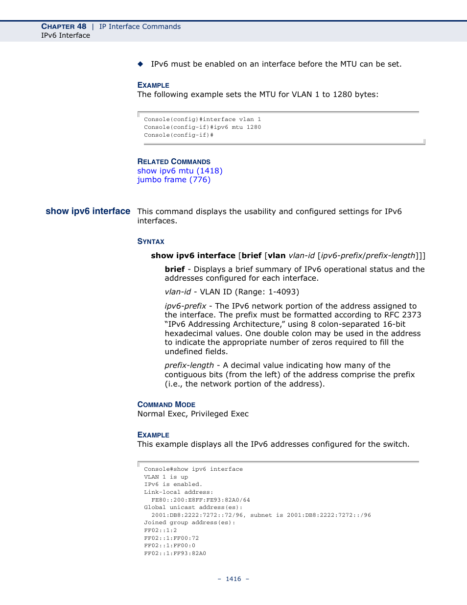 Show ipv6 interface, Show ipv6 interface (1416) | LevelOne GTL-2691 User Manual | Page 1416 / 1644