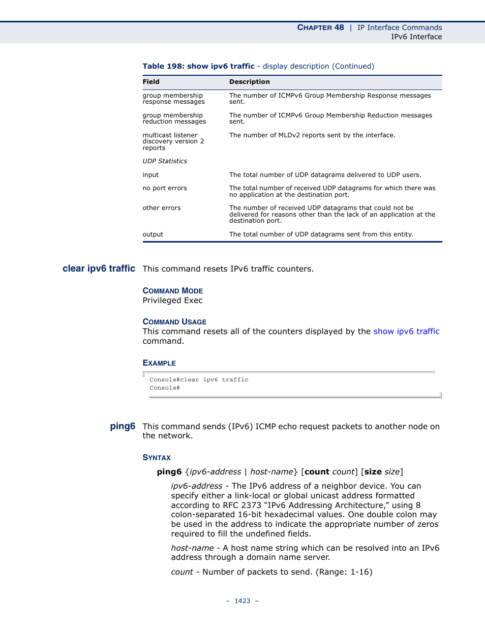 Clear ipv6 traffic, Ping6, Ping6 1423 | LevelOne GTL-2691 User Manual | Page 1423 / 1644
