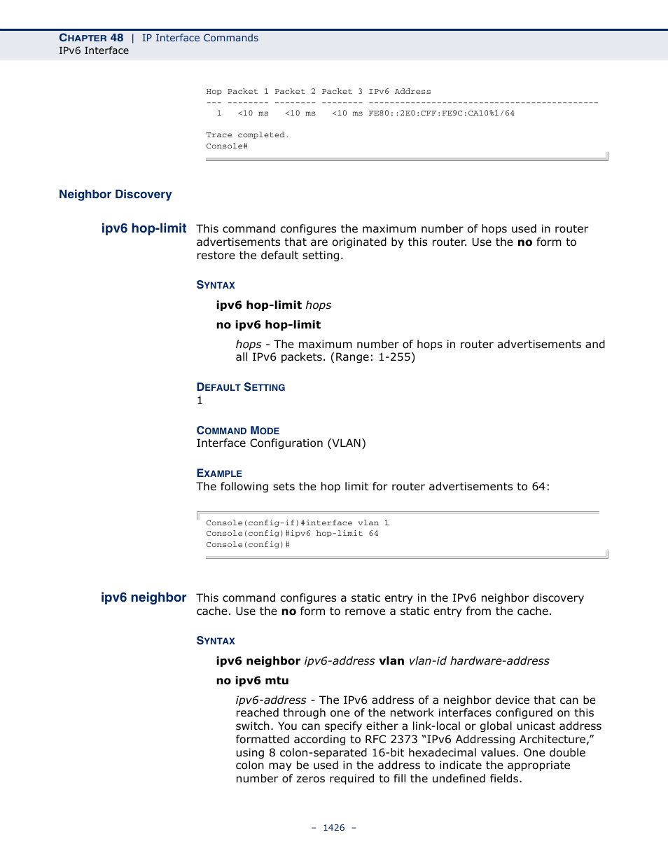 Neighbor discovery, Ipv6 hop-limit, Ipv6 neighbor | LevelOne GTL-2691 User Manual | Page 1426 / 1644