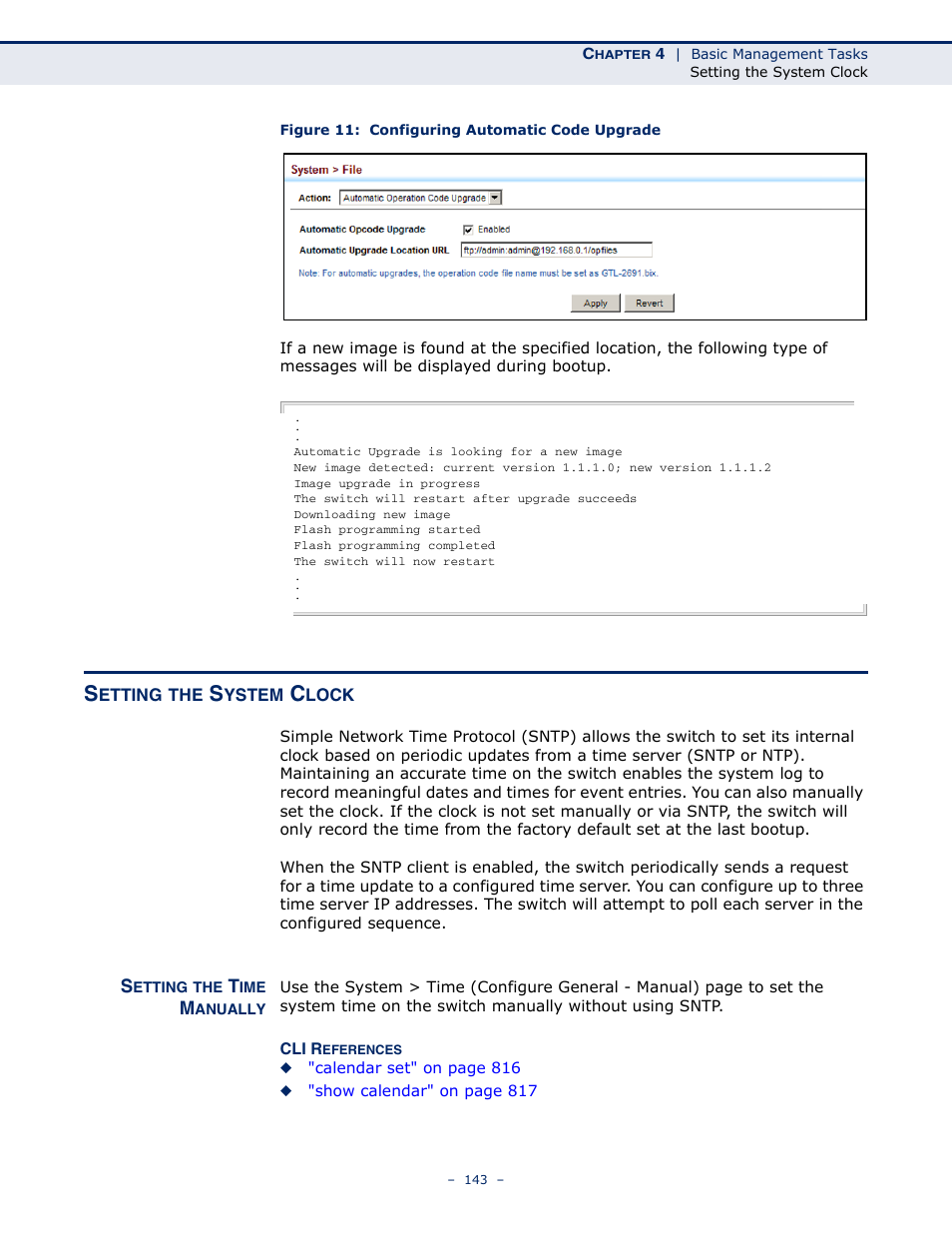 Setting the system clock, Setting the time manually, Figure 11: configuring automatic code upgrade | Sets | LevelOne GTL-2691 User Manual | Page 143 / 1644