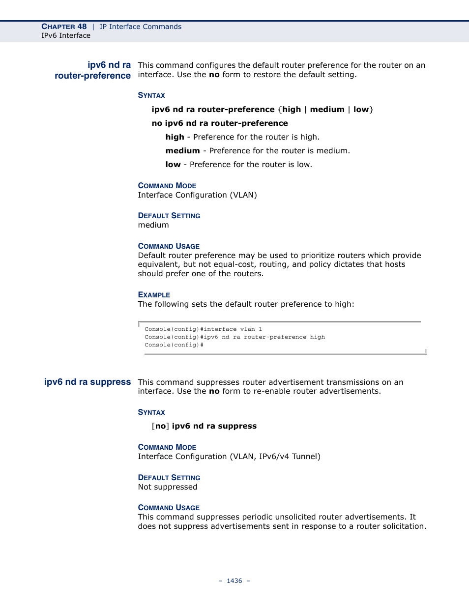 Ipv6 nd ra router-preference, Ipv6 nd ra suppress, Ipv6 nd ra | Router-preference | LevelOne GTL-2691 User Manual | Page 1436 / 1644