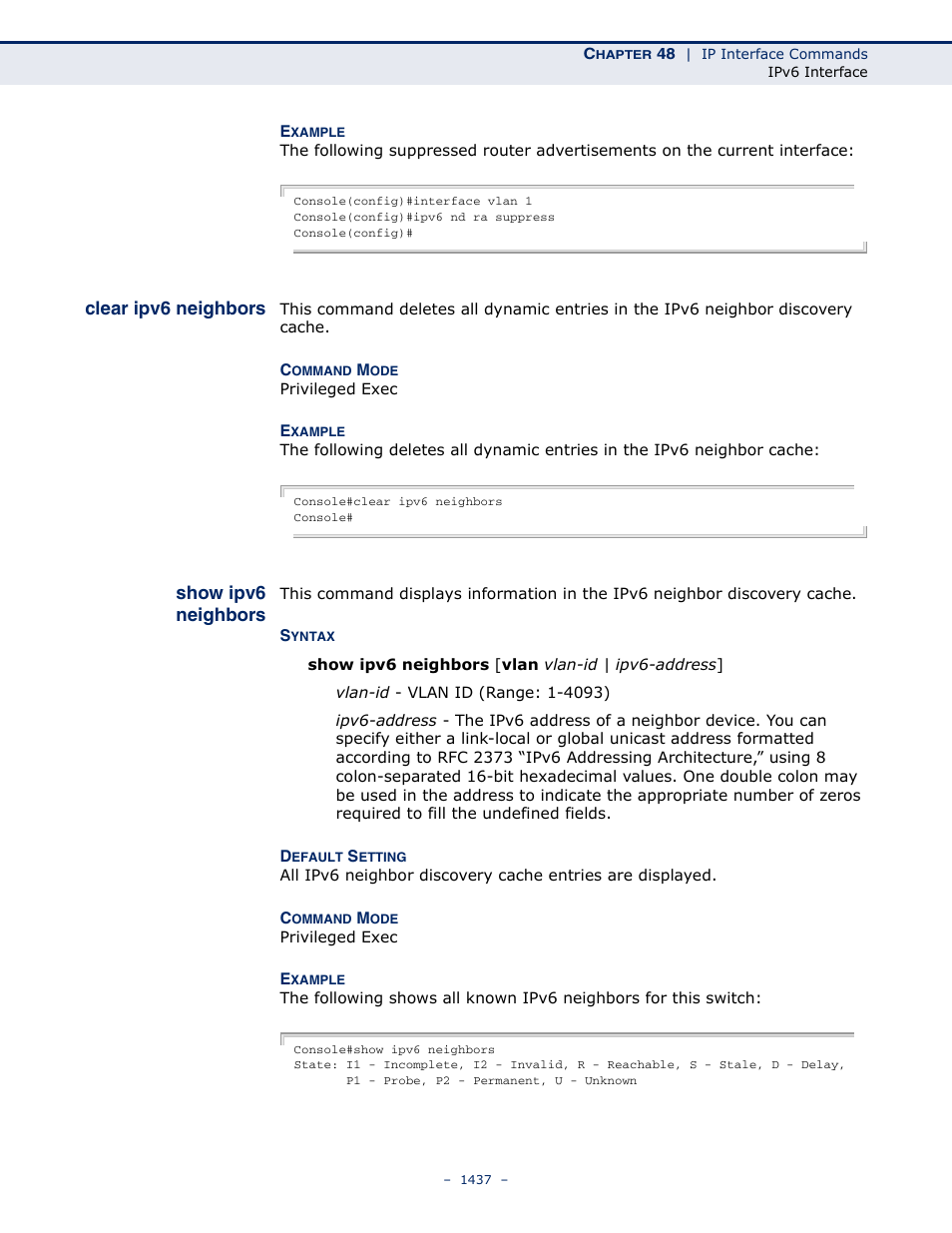 Clear ipv6 neighbors, Show ipv6 neighbors, Show ipv6 neighbors (1437) | LevelOne GTL-2691 User Manual | Page 1437 / 1644