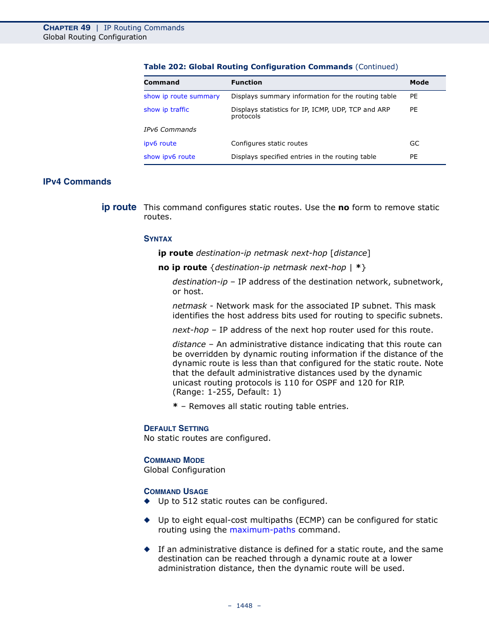 Ipv4 commands, Ip route, Ip route (1448) | LevelOne GTL-2691 User Manual | Page 1448 / 1644