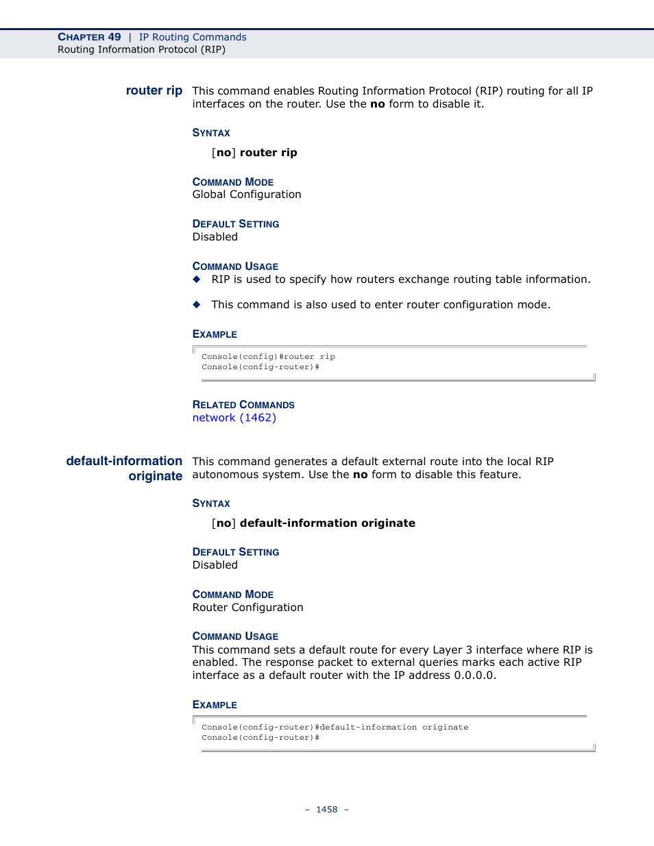 Router rip, Default-information originate, Default-information | Originate | LevelOne GTL-2691 User Manual | Page 1458 / 1644