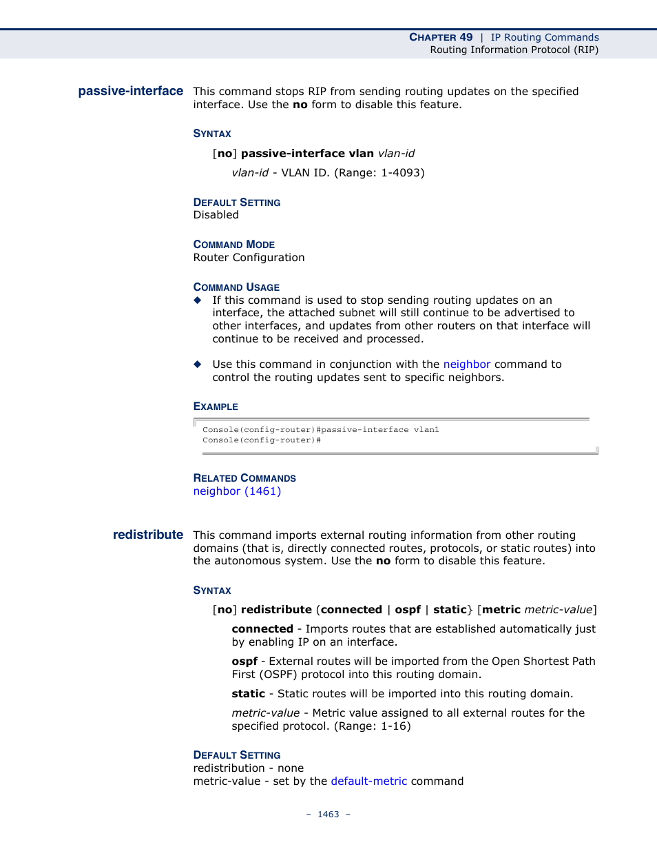 Passive-interface, Redistribute, Passive-interface 1463 redistribute 1463 | Ospf, Redistribute (1463) | LevelOne GTL-2691 User Manual | Page 1463 / 1644