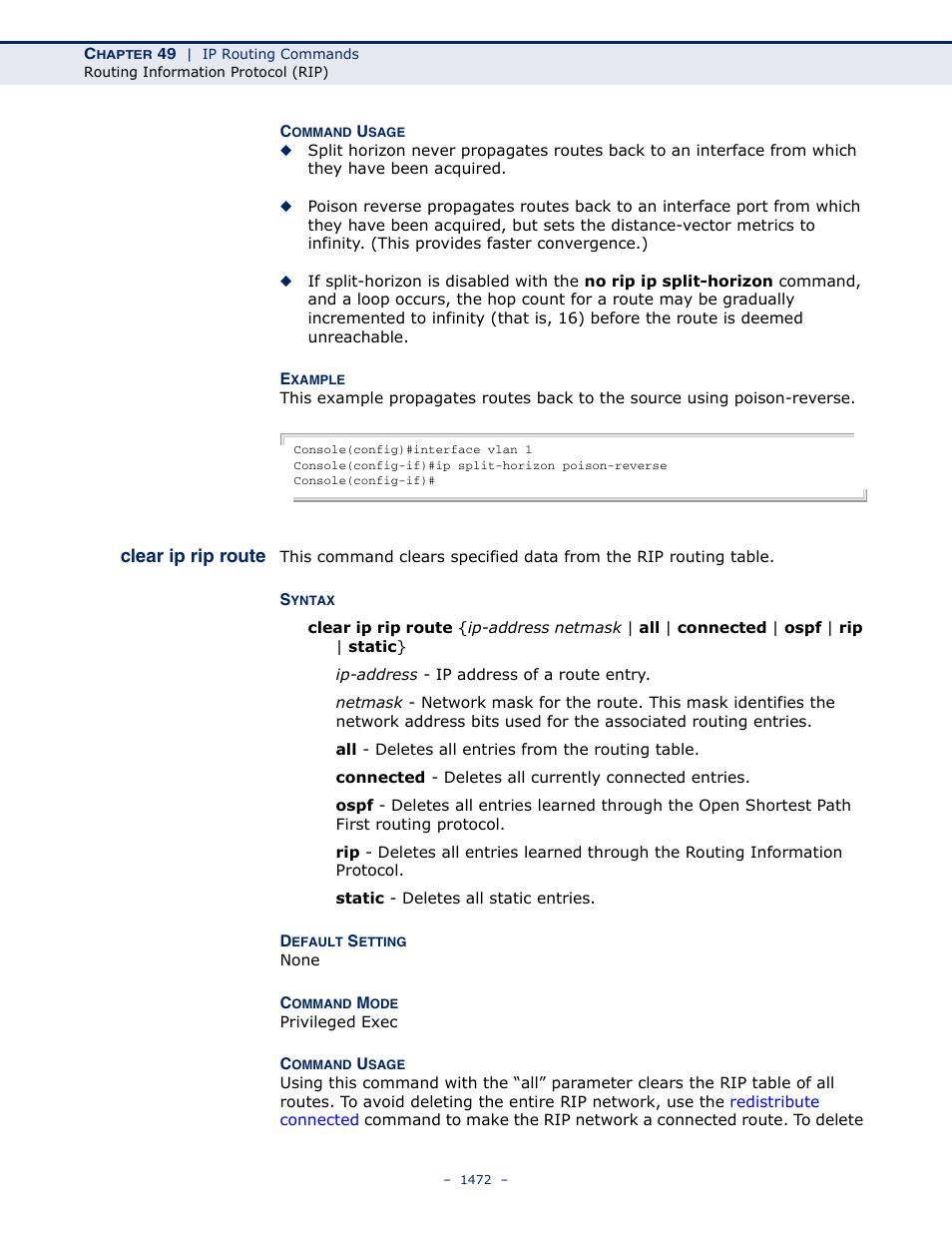 Clear ip rip route | LevelOne GTL-2691 User Manual | Page 1472 / 1644