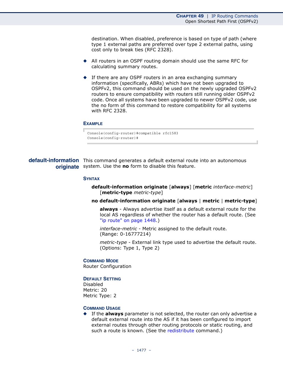 Default-information originate, Default-information, Originate | LevelOne GTL-2691 User Manual | Page 1477 / 1644