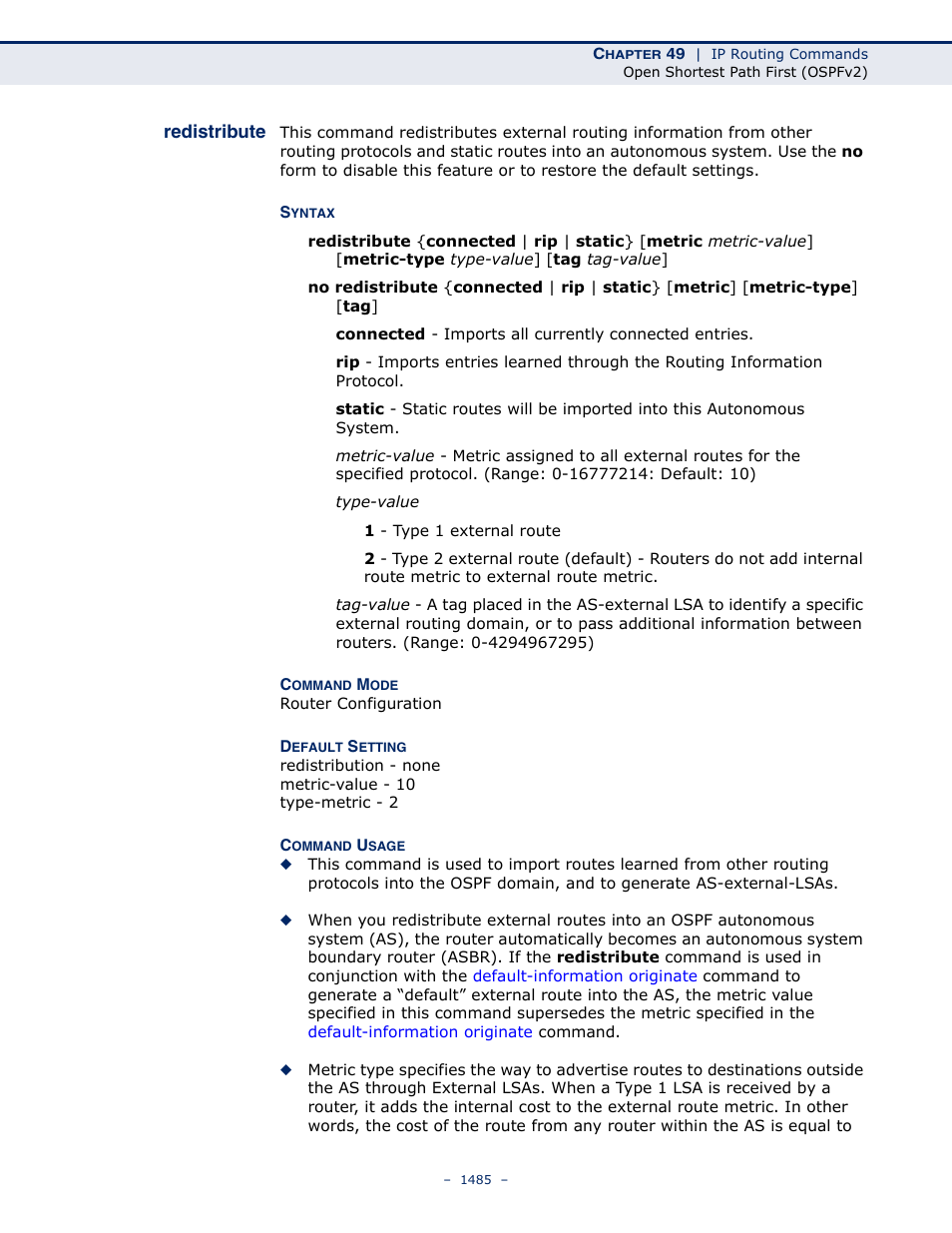 Redistribute, Redistribute 1485, Redistribute (1485) | LevelOne GTL-2691 User Manual | Page 1485 / 1644